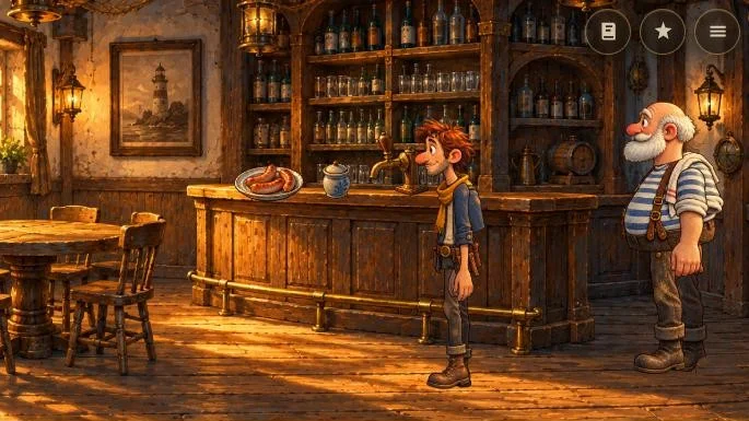 Ferdi in der Kneipe Zum schiefen Anker, hinter dem Tresen steht der Wirt Emil